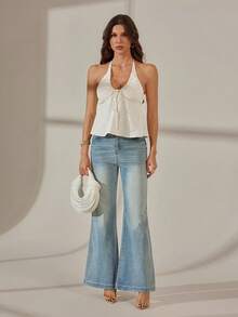 SHEIN Tall Áo hai dây cổ yếm buộc dây phía trước gợi cảm dành cho nữ đi nghỉ mát; Áo croptop cổ yếm buộc dây phía trước màu trơn mùa hè dành cho nữ; Áo hai dây cổ yếm cài cúc đơn kiểu Y2K dành cho nữ mùa hè; Áo tank top cổ yếm buộc dây phía sau kẻ sọc dành cho nữ; Áo thun in hình dành cho nữ. - Màu be - Xem 4