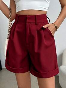 SHEIN Clasi Plus Size Women's Solid Color Pleated Pocket Casual Shorts - Burgundy - View 3
