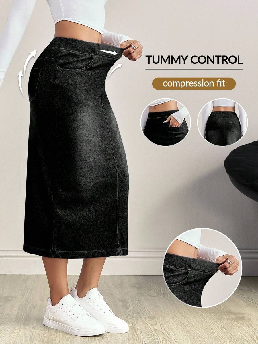Flexra Plus Size Women Casual Versatile Everyday Denim Skirt With Pockets - Black - View 1