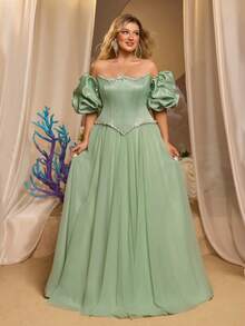 Glamrae Plus Size Light Green Satin Patchwork Chiffon Mermaid Luxury Crystal Decor Vintage Romantic Formal Gown (With 3D Shawl Included) - Mint Green - View 3