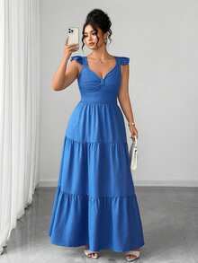 Elenzga Vestido largo de línea A con cuello cuadrado y mangas con volantes, de unicolor y elegante, para mujer de talla grande. Cinturón elástico en la cintura, ajuste ceñido, elegante y apropiado para uso diario, cenas y citas, primavera/verano - Azul - Ver 4