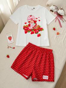 Strawberry Shortcake X SHEIN Women's Round Neck Short Sleeve T-Shirt And Polka Dot Print Shorts Pajama Set, - Red and White - View 6