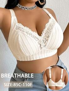 DesireSculpt 1pc Plus Size Lace Patchwork Wireless Bra - Apricot - View 3