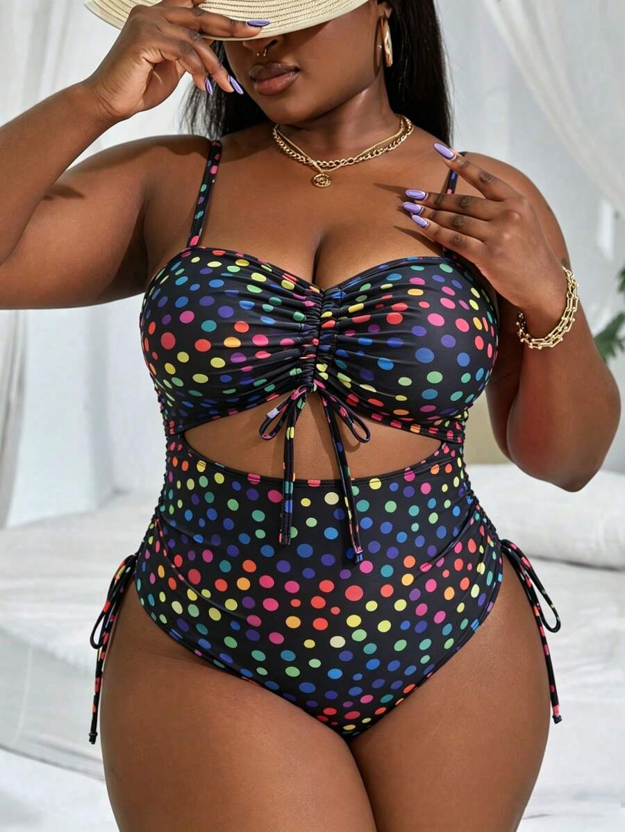 Slaydiva Traje de baño de una pieza para mujer talla grande con parte superior tipo bandeau de unicolor con cordón ajustable y Bottom con cordón lateral - Negro - Ver 1
