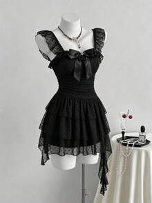 Sweetra Vestido Feminino Preto com Poá, Verão, Gótico, Festa de Aniversário, Feriado, Doce, com Alças com Babados, Saia de Tule Assimétrica em Camadas, Gola Quadrada e Cintura Marcada - Preto - Visão 1