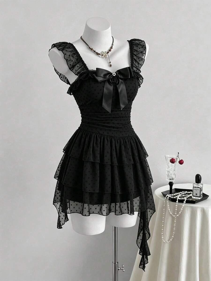 Sweetra Vestido Feminino Preto com Poá, Verão, Gótico, Festa de Aniversário, Feriado, Doce, com Alças com Babados, Saia de Tule Assimétrica em Camadas, Gola Quadrada e Cintura Marcada - Preto - Visão 1