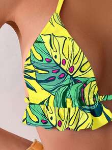 Swim Lushoire 女款熱帶植物印花三角杯泳衣搭配高腰純色泳褲比基尼套裝 - 黃色 - 查看 5