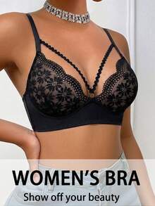DesireSculpt 1pc Lace Wireless Bra For Women - Black - View 7