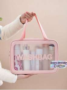 1 Peça Bolsa de Banho Transparente de Grande Capacidade, Bolsa de Toucador Portátil Impermeável de PU, Bolsa de Viagem com Alça para Mulheres, Rosa - Rosa chiclete - Visão 2