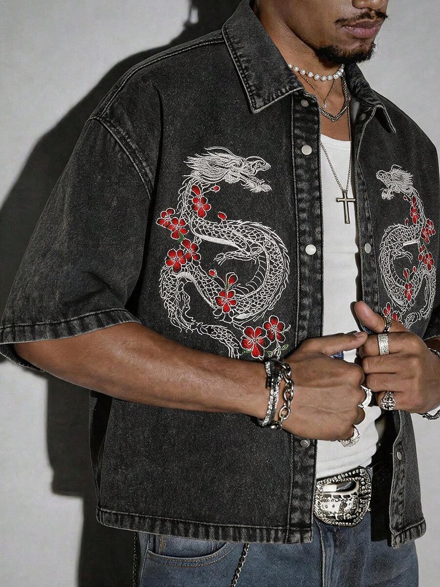 ROMWE MEN Street Life Men's Dragon & Floral Embroidery Collar Single-Breasted Casual Versatile Denim Jacket For Daily Wear - Black - View 1