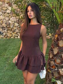 Ronhire Vintage Romantic Elegant Playful Cute Sweet Boho Music Festival Vacation Date Commute Work Sleeveless A-Line Double-Layer Ruffle Mini Dress, Spring/Summer/Autumn/Winter - Coffee - View 3