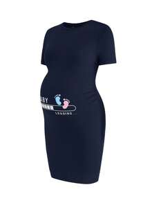 Modmama Vestido de verano de maternidad con cuello redondo y manga corta con estampado lindo - Azul Marino - Ver 2