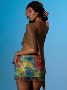 MUSERA Slash Neck Off The Shoulder Asymmetric Hem Knit Poncho Summer Sexy Going Out Beach Holiday Ibiza Club Tropical Fever - Chocolate Brown - View 2