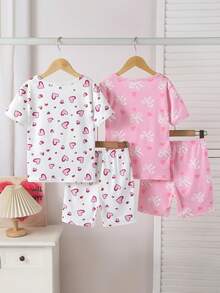 4pcs Girls Elastic Knit Short Sleeve Shorts Pajama Set With Bow & Heart Decor, Comfortable & Soft, Best Gift For Teenage Girls - Dusty Pink - View 2