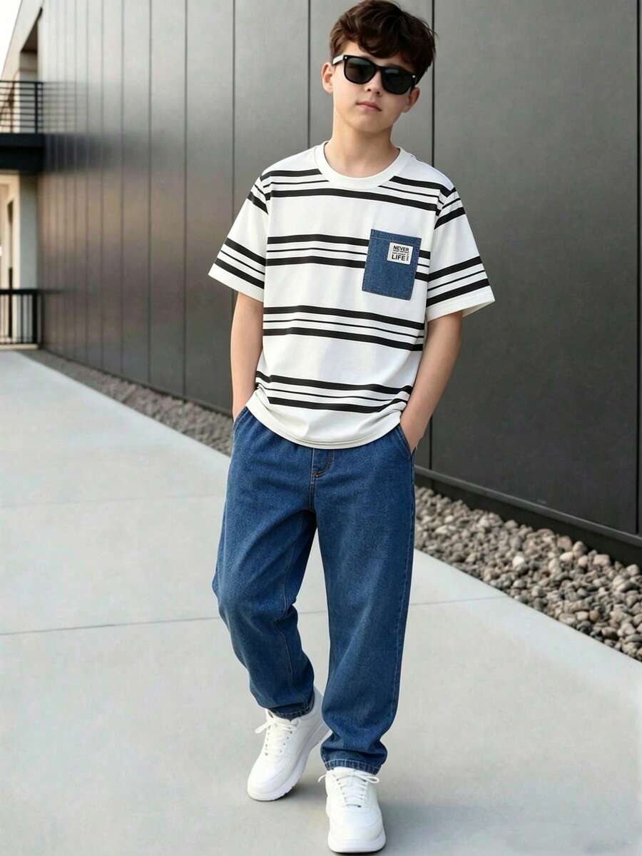 2pcs/Set Boys' Casual Striped T-Shirt With Denim Pocket Patchwork And Denim Casual Pants, Fashionable Outfit Suitable For Multiple Occasions - Medium Wash - View 1