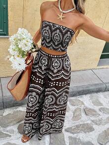 SHEIN Frenchy Women's Retro Contrast Color Fitted Tube Top And Loose Pants 2 Pieces Set - Brown - View 8