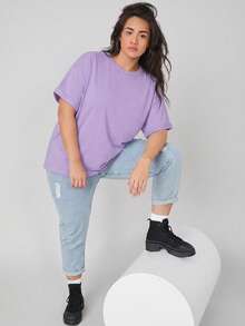 SHEIN BASICS 大码女式纯色圆领短袖休闲宽松T恤 - 紫色 - 查看 3