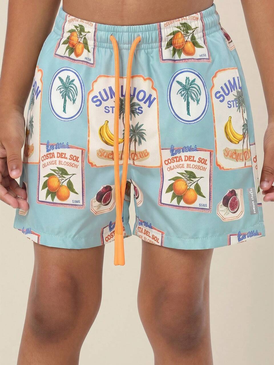 Shorts de Natação Regulares com Cordão para Meninos com Estampa de Frutas Tropicais Laranjas em Azul Claro, Roupa de Banho de Praia de Verão