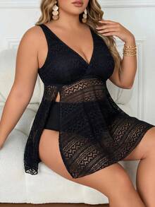 SHEIN CURVE+ 大尺碼女款2件式泳裝套裝，鏤空面料性感顯瘦泳裙 & 比基尼泳褲，適合海灘、度假村、游泳池 - 黑色 - 查看 5