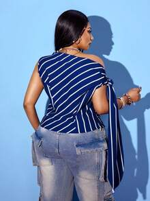 Maweii Plus Size Women Sexy Party Summer Vacation Blue Striped Cowl Neck Blouse - Blue - View 2
