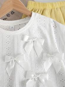 2pcs/Set Tween Girls' Summer Casual Tea Party Outfit,White Bow Decor Raglan Sleeve Knit T-Shirt And Yellow Striped Textured Straight Leg Pants - Yellow - View 3