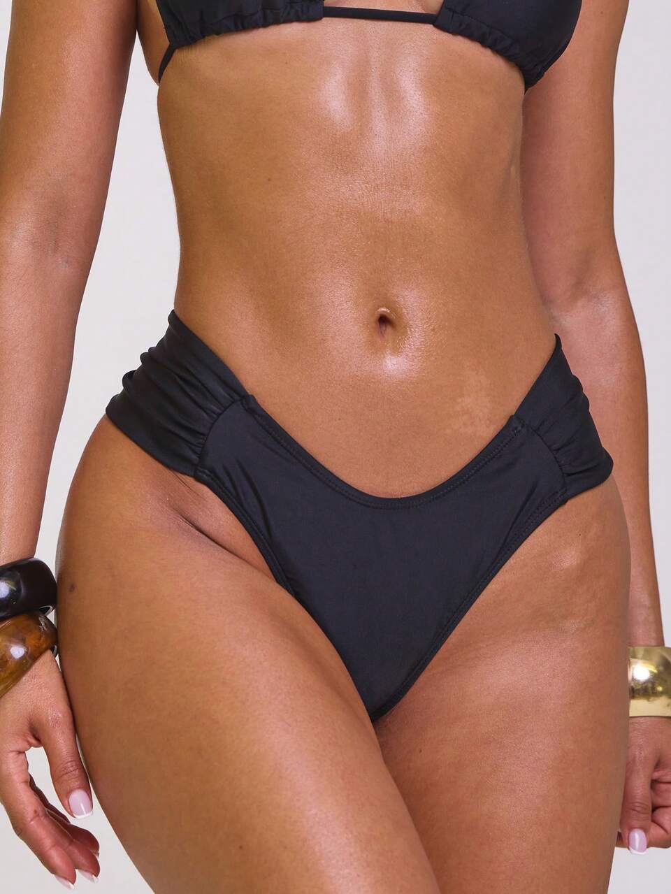 Black Nylon Ruched Side Fit Bikini Bottoms