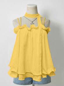 Lalippa Summer Sweet Ruffled Hem Solid Color Camisole, Tie Waist, Suitable For Vacation Wear - Yellow - View 3
