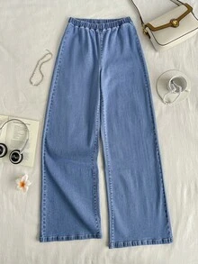 Mori Grove Mori Grove Women's Solid Color Elastic Waist Straight Loose Casual Wide Leg Jeans Travel Light Blue Summer - Blue - View 5