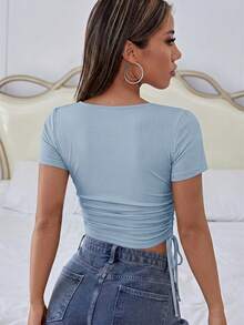 SHEIN Essnce Knit Solid Color Wrap Pleated Short Sleeve Cropped T-Shirt - Dusty Blue - View 2