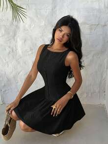 Aloruh Light Yellow Sleeveless Mini Dress, Elegant Business Casual Short Dress, Solid Color Dress - Black - View 5
