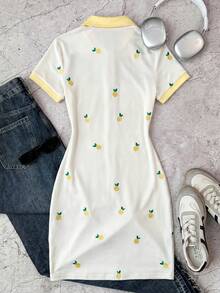 SHEIN 少女休闲校园风 Polo 领蓝白条纹修身连衣裙 - 彩色 - 查看 2