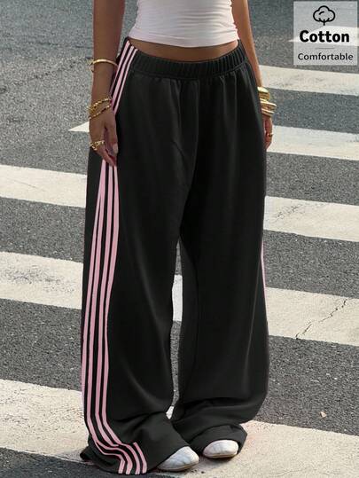 Muchica Women's Black Knit Casual Sports Pants With Elastic Waist And Striped Patchwork
