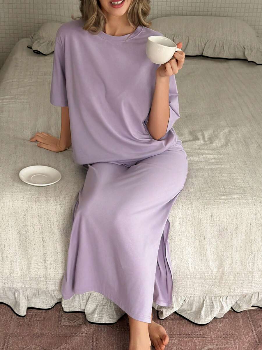DAZY Women's Solid Color Round Neck Drop Shoulder Short Sleeve Loose Casual Summer Pajama Set - Dusty Purple - View 1