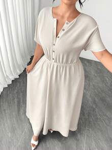 SHEIN LUNE CURVE 大码女士优雅圆领短袖收腰A字连衣裙，适合夏季通勤 - 杏色 - 查看 7