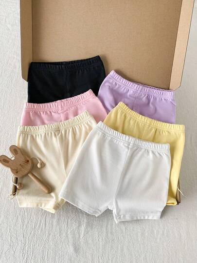 PrepCrw 6pcs Baby Girls' Cute Solid Color Elastic Waist Shorts Set, Suitable For Summer