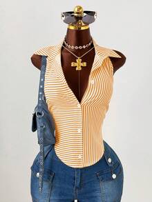 Sunspun Plus Size Women Casual Halter Neck Striped Hollow Out Shirt, Blue & White, Comfortable For Spring & Summer - Yellow - View 8
