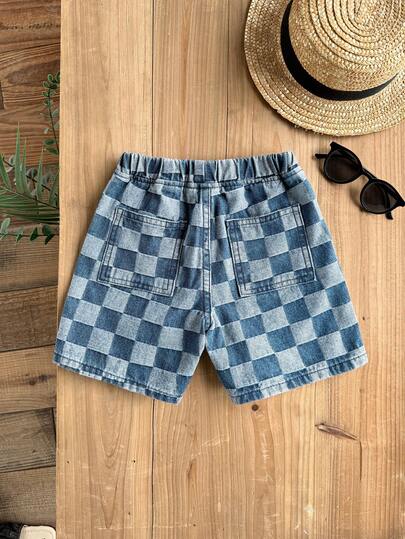 LMoss Kids Young BoyCheckered Blue Denim Loose Shorts