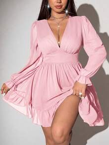 Viva Relle Plus Size Women Fashion Ruched Waist Ruched Hem Dress Fall - Baby Pink - View 2