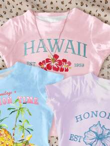 3pcs Set Cute Dopamine Floral Plant Print Tees,Pink,Purple,Cream,Short Sleeve Crew Neck Basic Fitted T-Shirts,Teen Girl Summer Vacation Holiday Outfit - Multicolor - View 3