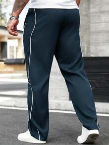 Manfinity CasualCool 男士休闲畅销直筒裤，INS 高街嘻哈风格，侧边白色抽绳，黑色面料，适合所有季节和日常穿着，送给男友/老公的必备礼物，男士休闲服饰，Y2K - 藏蓝色 - 查看 2