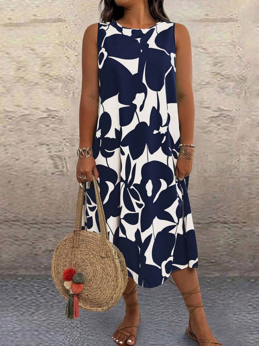Linhara CURVE Plus Size Sleeveless Round Neck Colorblock Allover Print Loose Casual Safari Summer Dress Beach Navy Blue - Blue - View 1