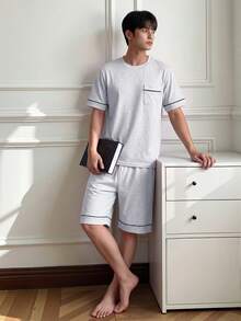 Napfluff Men's Knit Crew Neck Short Sleeve Shorts Pajama Set With Contrast Trim - Light Grey - View 3