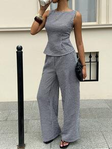 Elegante conjunto de dos piezas de lujo a cuadros negros, elegante blusa de verano con lazo en la espalda y pantalones de pierna ancha, conjunto a juego sexy con recorte y lazo en la espalda - verde menta - Ver 5