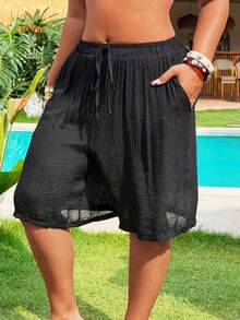 Swim Lushoire Plus Size Solid Color Elastic Waist Drawstring Pocket Casual Cover Up - Multicolor - View 1