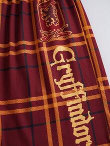 HARRY POTTER X SHEIN Bộ đồ ngủ cho bé trai tuổi teen gồm áo tay ngắn cổ tròn phối màu tương phản chữ và họa tiết, kèm quần short kẻ caro. - Màu Đỏ Sâu - Xem 7