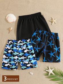 3 piezas Pantalones cortos de baño informales con cordón para niños pequeños - Negro - Ver 2