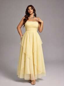 Viva Relle Plus Size Elegant Mesh Strap Party Dress - Yellow - View 5