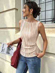 Elenzga 標準尺寸女款春夏寬領無袖百褶面料收腰優雅襯衫 - 杏色 - 查看 3