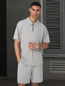 Manfinity Homme Men's Solid Color Zip-Up Half Placket Short Sleeve Polo Shirt And Shorts Casual Daily Outfit - Grey - View 4