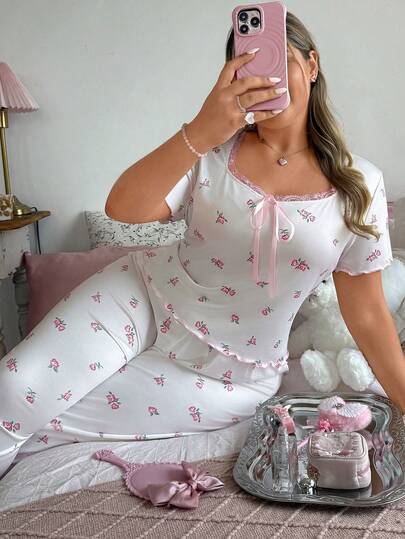 Slumberry CURVE Sweet Ditsy Floral Lace Trim Short Sleeve Plus Size Pajama Set